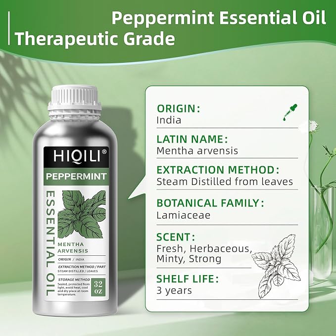 HIQILI Peppermint Essential Oil for Hair Care, Freshening Air | Aromatic Oil for DIY Soap, SPA & Home Use, Removes Odors - 1000ml / 33.8 fl oz