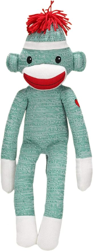 Plushland Adorable Green Sock Monkey, The Original Traditional Hand Knitted Stuffed Animal Toy Gift-for Kids, Babies, Teens, Girls & Boys Baby Doll Present Puppet 20"