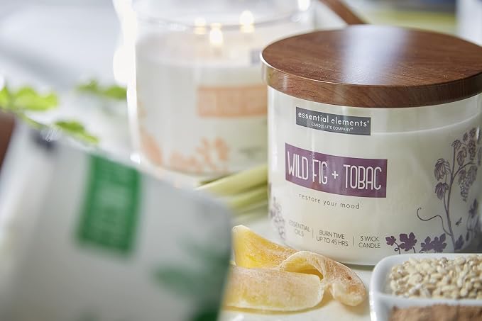 Essential Elements by Candle-Lite Company Scented Wild Fig & Tobac 3-Wick Jar Candle, 14.75 oz, Off White