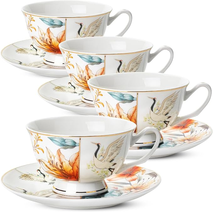 BTaT- Floral Tea Cups and Saucers Set of 4 (8 oz), Porcelain Tea Cup Sets with Gold Trim, Dishwasher & Freezer Safe