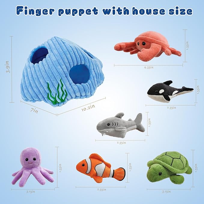 6pcs sea Finger Puppets with a Shell House，Novelty Animals Toys Puppet for Kids, Storytelling Role-Playing Plush Finger Puppets Gifts for Boys and Girls
