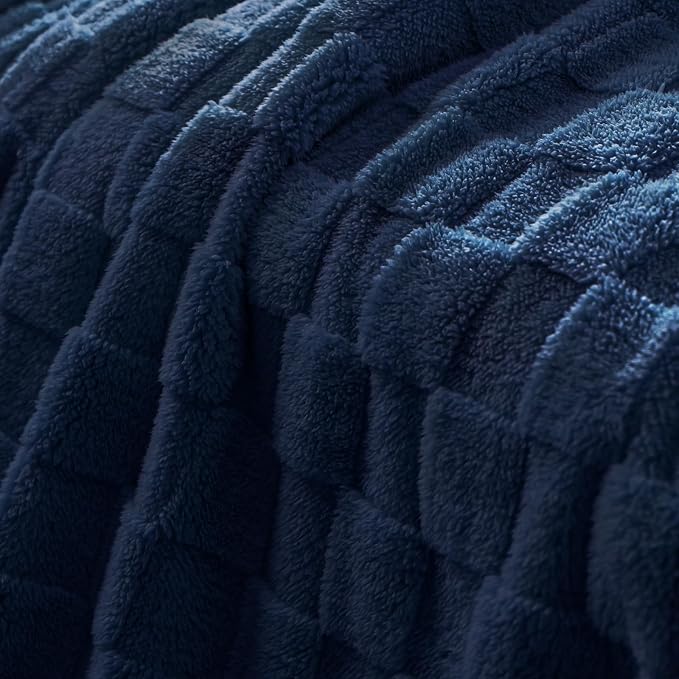 Exclusivo Mezcla 3D Checkered Fleece Throw Blanket for Couch, Navy Blue | Super Soft and Cozy Fluffy Throw, Lightweight and Breathable, Cute Fuzzy Blanket for Sofa, Home Decor, All Season, 50"x60"