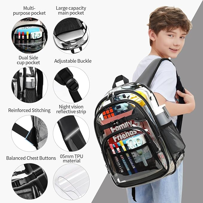 Cusangel Clear kids Backpack for Boys Girls,Black tpu Heavy Duty 16in Transparent Bookbag for School,Student children Bag Stadium Approved See Through Backpack,Stitch Bag durability
