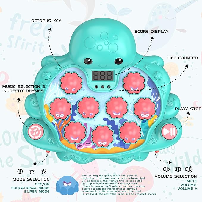 Octopus Vitality Strike Game, Educational Musical Whack-A-Mole Toy with 2 Game Modes, Digital Score Display, Ages 2+ (Multicolored)