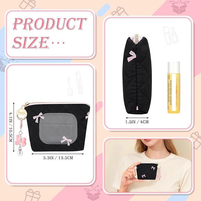 Quilted Mini Makeup Bag, Small Bow Tie Cosmetic Bag for Purse with Keychain, Portable XS Travel Makeup Pouch, Birthday/Wedding/Party/Christmas Gifts (Pink-Pink Bow)