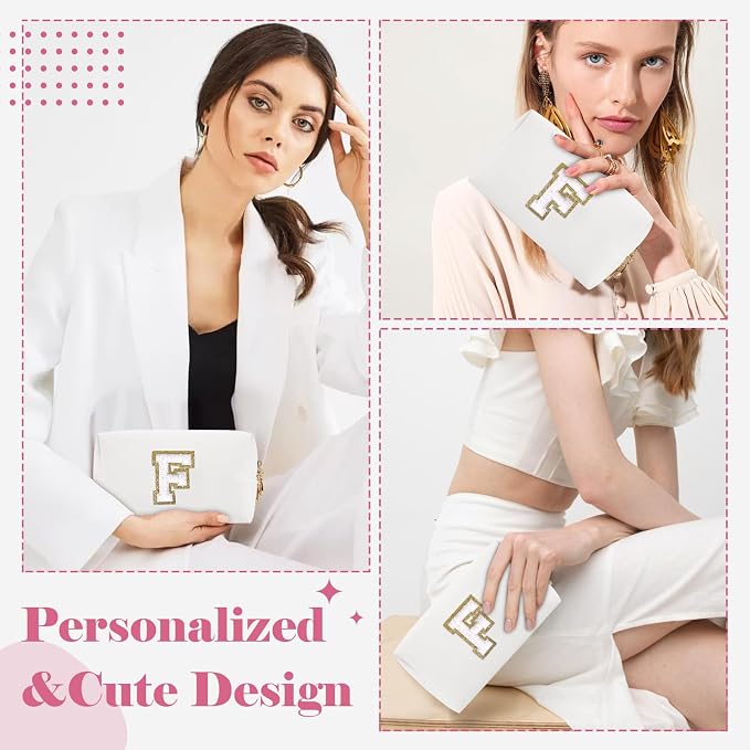Small Personalized Initial A-Z Preppy Patch Makeup Bag,White PU Chenille Letter Travel Cosmetic Pouch with Zipper,Cute Toiletry Bag,Gift Ideal for Teen Girls Women Teacher Bridesmaid,Letter F