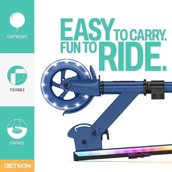 Jetson Jupiter Kids 2-Wheel Light-Up Kick Scooter, LED Lights on Handlebar, Stem, Wheels & Deck, Adjustable Handlebar, Rear Brake, Easy-Folding Mechanism, Ages 5+