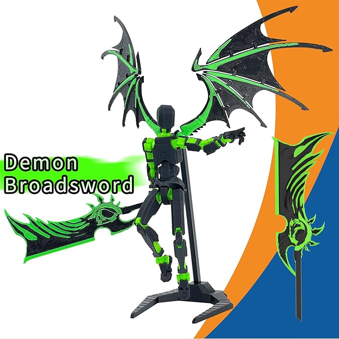 T13 Action Figure Already Assembled, Devil Wings Titan 13 Action Figure 3D Printed T13 Action Figures Set, T 13 Robo 13, Lucky 13, Gift for Dummy Collectors Desktop Decorations (Black Green)