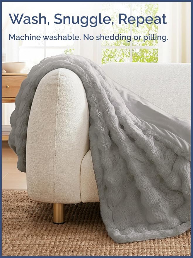 3D Fleece Bubble Blanket Throw Size - Rabbit Blanket - 50" x 60", Grey | Soft Fluffy Faux Fur Blanket for Couch Sofa & Chair, Cozy Gifts for Women, Tie Dye Cloud Throw Bed Cover, Thick Plush Bedding