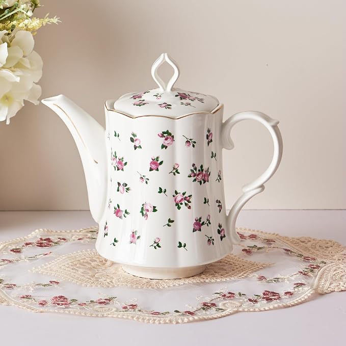 Vintage Floral Tea Pot with Infuser, 45oz, Ceramic Teapot with Tea Strainers for Loose Leaf Tea, Rose Teapots for Tea Party