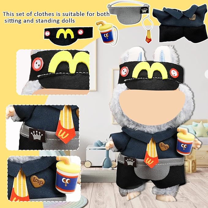 Doll Clothes for Labubu,Cute Outfit for 17cm Doll Clothe 2/3PCS Clothes and Hats Stylish Dolls Clothe for 17 cm Labubu,Casual Style Costumes for Labubu Dolls (Red Black McDonald's Set)