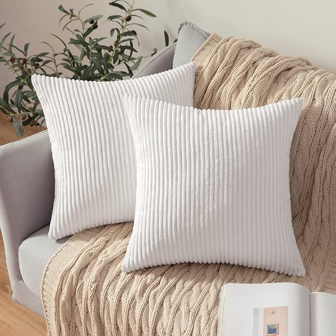MIULEE Decorative Corduroy Throw Pillow Covers Set of 2 16x16 Pure White | Soft Striped Textured Cushion Cases, Boho Square Pillowcases Neutral Home Decor, for Couch Chair Sofa Bed Living Room