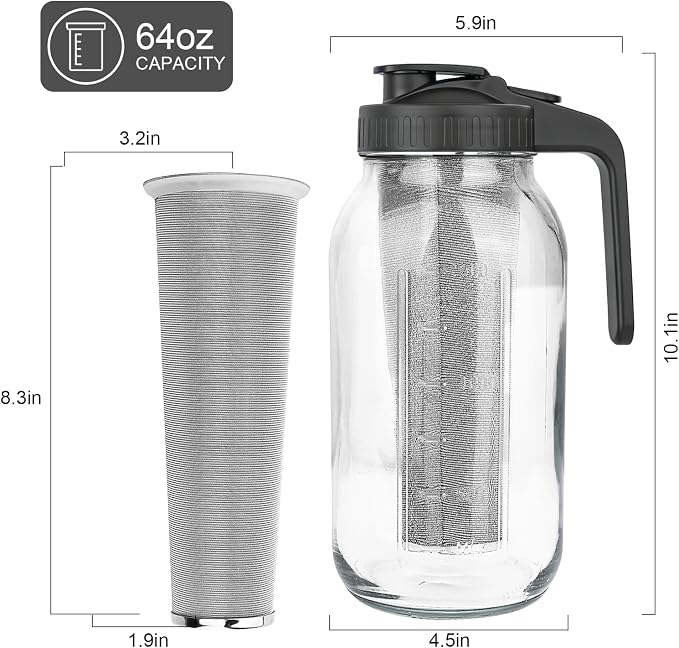 Cold Brew Coffee Maker,64 oz Mason Jar Pitcher with Stainless Steel Filter, Pour Spout Handle Lid, Heavy Duty Glass Airtight & Leak-Proof for Iced Coffee,Tea & Lemonade