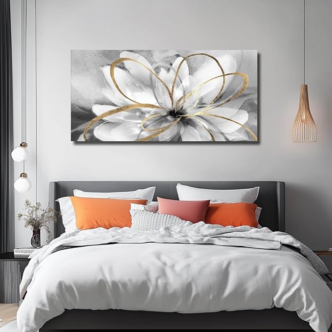 SOUGUAN Black and Grey Wall Decor Flower Art Work 20x40 Inch Line Paintings for Living Room Bedroom Office Wall Decorations