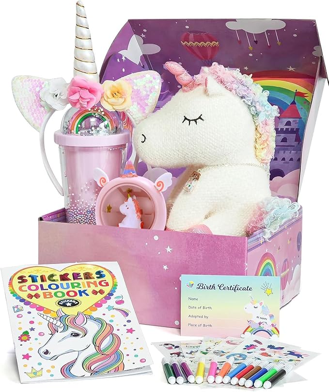 Unicorn Gift for Girls Toy Age 3 4 5 6 7 8 with Plush Stuffed Animal Water Bottle Night Light Headband DIY Color Book Pen, Christmas Birthday Gifts Idea Toys for Little Girl 3-10 Years Old