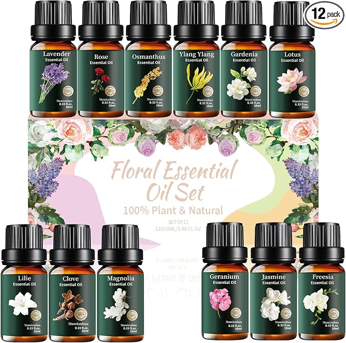 Floral Essential Oils Set 12x10ml, Pure Rose Jasmine Lavender Ylang Ylang Gardenia Freesia Osmanthus Lily Lotus Magnolia Geranium Clove – Aromatherapy for Diffuser, Skin, Hair, Candle & Soap Making