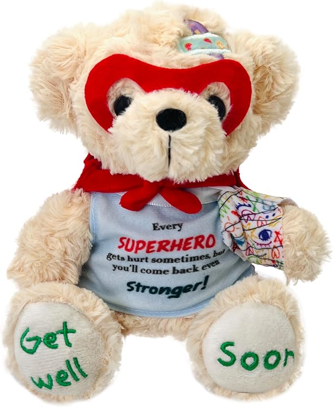 Superhero Get Well Soon Bear - 8" Broken Arm Stuffed Animal with Cape & Mask, Removable Doodle Bandage, Inspirational Gift for Surgery Recovery, Kids, Boys, Girls, Toddlers | Safety Certified Toy