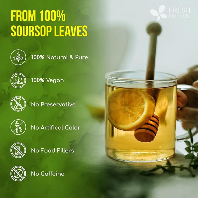 FreshDrinkUS, 60 Premium - The Top Soursop Graviola Leaf Tea Bags, 100% Pure & Natural from Soursop Leaves, Handmade, Made With Natural Materials-Corn Fiber Tea Bag, Sugar/Caffeine/Gluten Free, Hoja Guanabana Tea