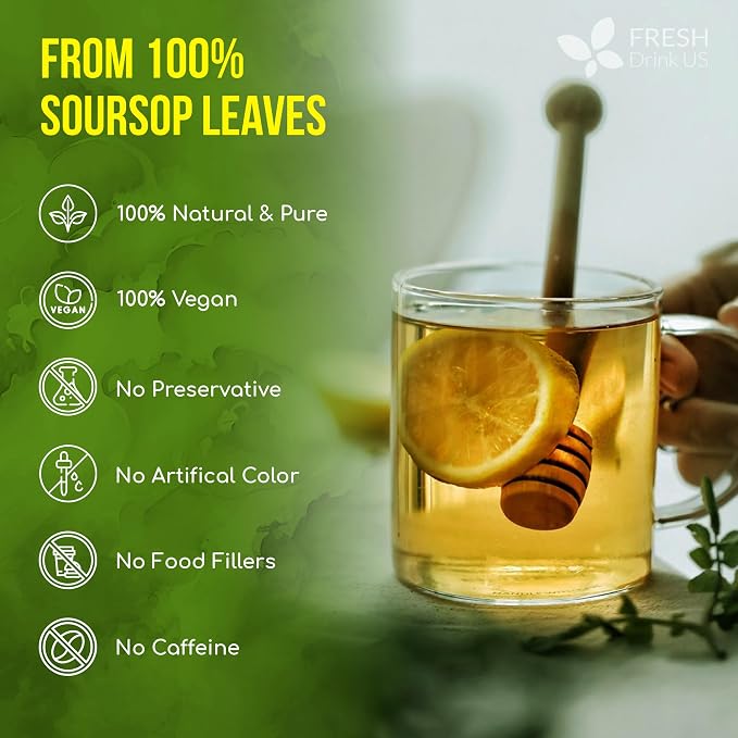 FreshDrinkUS, 105 Premium Soursop Graviola Leaf Tea Bags, The Finest Soursop Tea, 100% Natural and Pure, Handmade, Made With Natural Materials-Corn Fiber Tea Bag, Sugar/ Caffeine/ Gluten Free, Hoja Guanabana Tea
