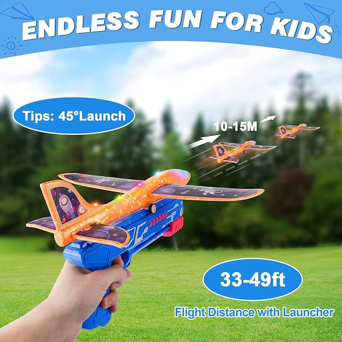 Fuwidvia 4 Pack Airplane Launcher Toys, 2 Flight Modes LED Foam Plane Toy for Boys, Outdoor Flying Toys Birthday Gifts for Boys Girl 4 5 6 7 8 9 10 11 12 Year Old