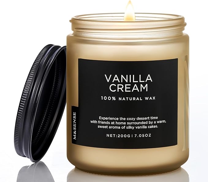 M&SENSE Vanilla Candles for Home, 7.05oz All Natural Organic Soy Wax, 50 Hours Non Toxic Clean Burn, Cute Scented Candle for Stress Relief Relaxing, Aromatherapy Gift for Women Men