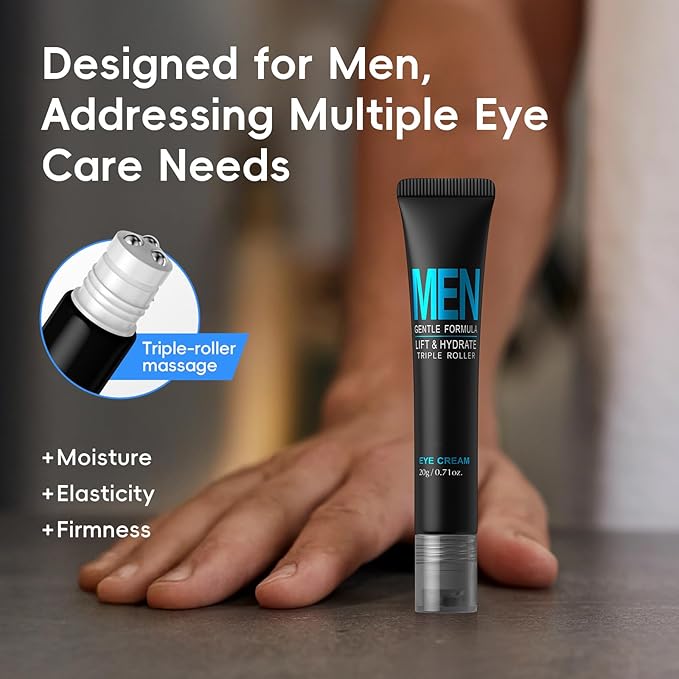AKARY Caffeine Eye Roller for Bags for Men, Men’s Triple-roller Massage Under Eye Cream for Puffy Eyes and Dark Circles, Hydrating, Softening, Improving, Firming for Fine Lines, Puffiness Reducer