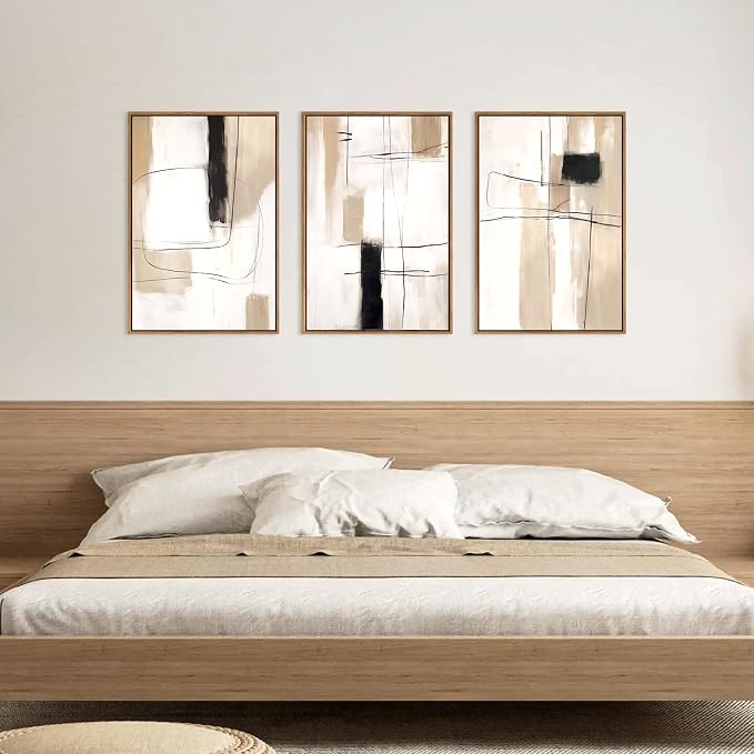 FWIEXA Modern Abstract Canvas Wall Art Set of 3, Framed Neutral Wall Decor, Large Black White Wall Painting, Beige Cream 24x36 Inch Prints Artworks for Living Room, Bedroom, Dining Room, Office