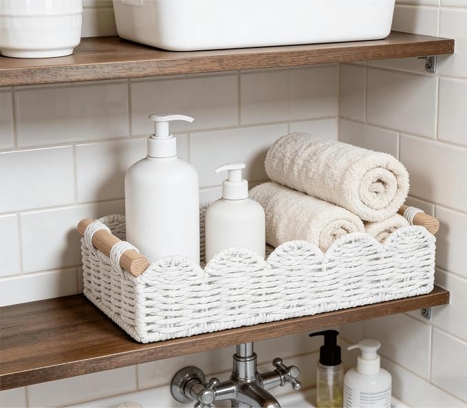 CubesLand Toilet Paper Storage Basket Organizer, Small Wicker Decor Basket | Toilet Tank Top Decorative Basket for Countertop, Handwoven Scalloped Basket W/Handle for Home Decor Living Room, White