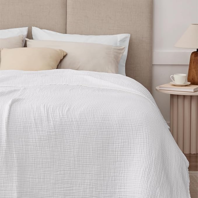 100% Cotton Muslin Blanket King 108" x 90", 6 Layers Breathable and Lightweight Cotton Throw Blanket for Bed, Soft Quilt Bedspread Coverlet, Gauze Blanket for Adults All Season, White