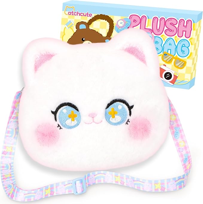 Plush Cat Bag Kids Handbag Crossbody Bag with Zipper and Adjustable Strap,Soft Plush Kitty Stuffed Purse Birthday Gift for Toddlers Kids