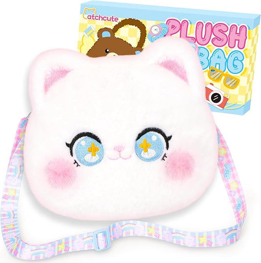 Plush Cat Bag Kids Handbag Crossbody Bag with Zipper and Adjustable Strap,Soft Plush Kitty Stuffed Purse Birthday Gift for Toddlers Kids