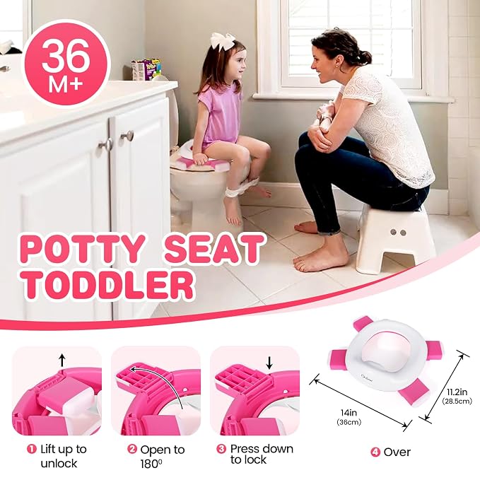 Orzbow Portable Potty Training Toilet, Travel Potty Seat for Toddler Boys Girls with Splash Guard, Potty Training Essentials, Foldable, Includes Free Travel Bag and 40 Liners, Indoor/Outdoor Use, Pink