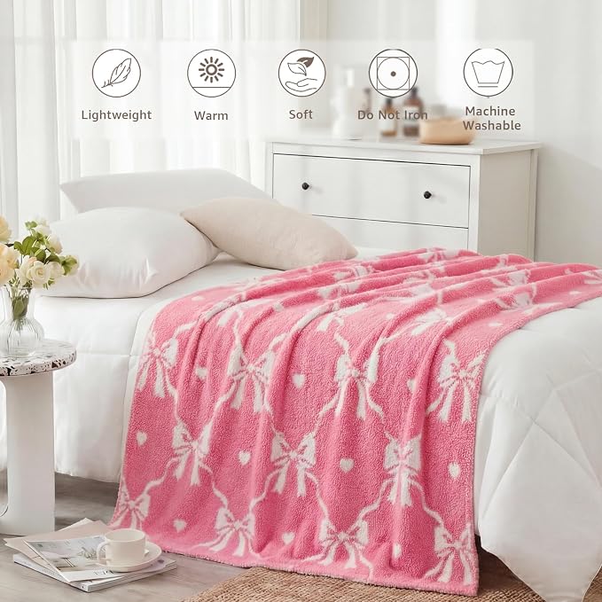 Soft Throw Blanket for Couch-Cozy Reversible Knitted Blankets | Lightweight Warm Fluffy Decor for Women, Mom, Her & Girls, Sofa, Chair, Bed, 50x60in, Diamond Bowknot Pink
