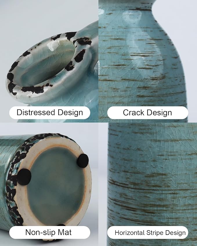Modern Pottery Vase Set of 3 with Handles, Neutral Jugs for Home Decor | Morandi colors and glazed rustic finish for flowers, table centerpieces, shelves and living rooms