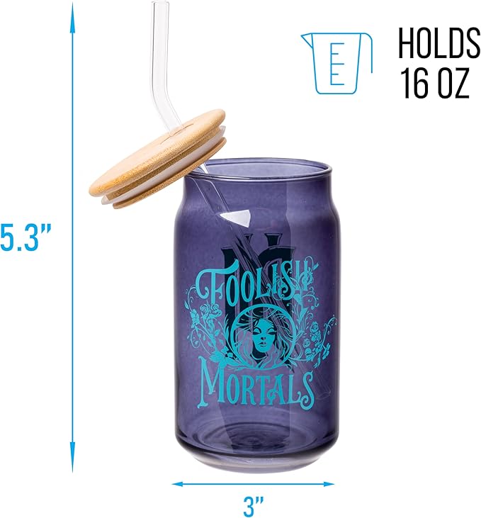 Silver Buffalo Disney Haunted Mansion “Foolish Mortals” Featuring Madame Leota Glass Jar Tumbler with Bamboo Lid and Glass Straw, 16 Ounces