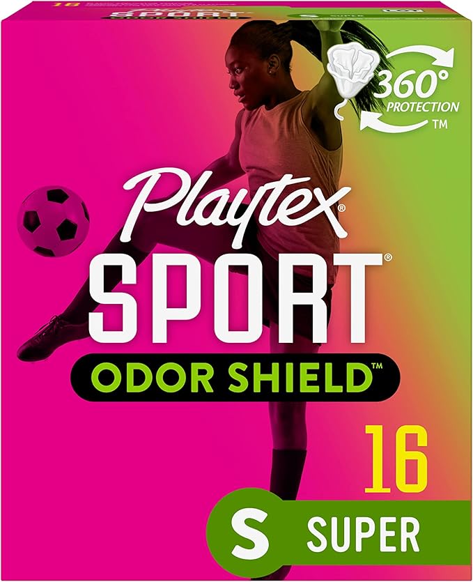 Playtex Sport Odor Shield Tampons Super Absorbency, Unscented - 16ct | Super Tampons for Women, Feminine Care, Playtex Tampon with 360 Leak Defense and Odor Control