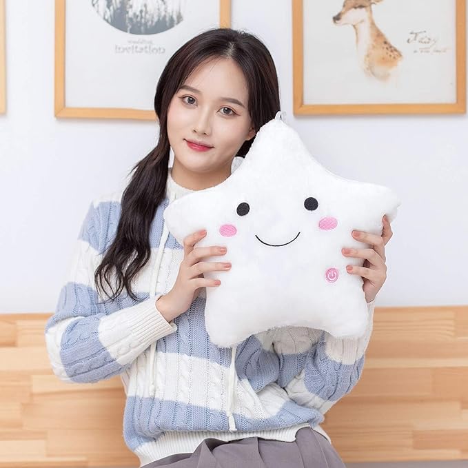 DearSun 13''Creative Twinkle Star Colorful Night Light Plush Pillows Light up Night Stuffed Toys Perfect for Birthday Christmas Holiday Valentines (White)