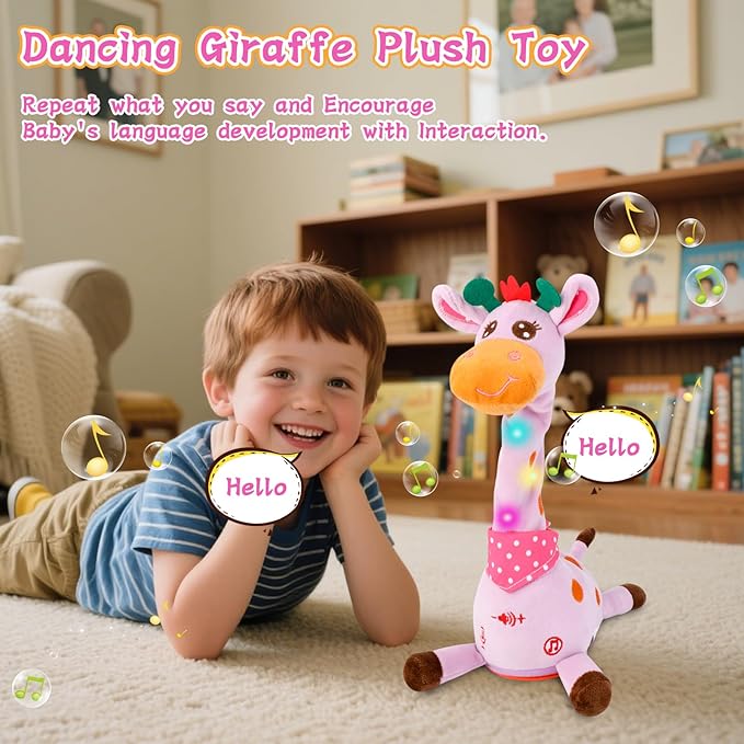LUKETURE Purple Musical Talking Dancing Giraffe Plush Toy, Talking Baby Toy with Lights, 10 Songs and Voice Repeat, Soft Sensory Gift
