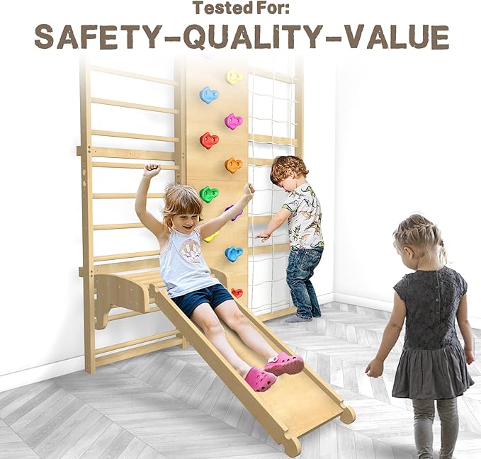 Upgraded Extra-Large Size 94.5inch Height 10-in-1 Swedish Ladder Gym Set, Home Playground with Swing, Rope Ladder, Pull-Up Bar, Slide and Rock Climbing Wall for Kids and Adults