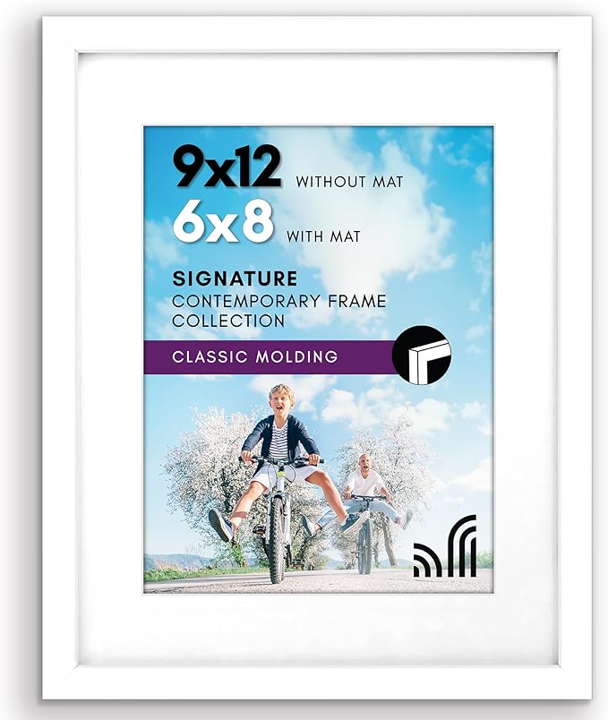 Americanflat 9x12 Picture Frame - Matted to 6x8 - Engineered Wood - White | Shatter-resistant glass, wall or tabletop display with included easel, sawtooth hangers included, use with or without mat