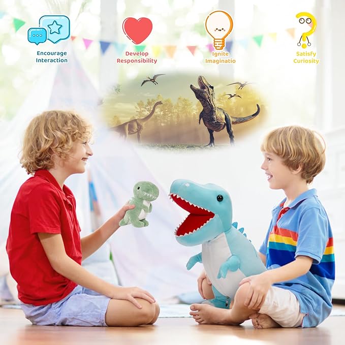 MorisMos Dinosaur Stuffed Animal with Babies,23.6'' Big Mommy Stuffed Dino T-rex with 3 Baby Dino Stuffed Toys & 3 Eggs Plush Inside Belly, Boy Girl Dinosaur Toys for Kid 3-5,Blue T-rex Toys Gift