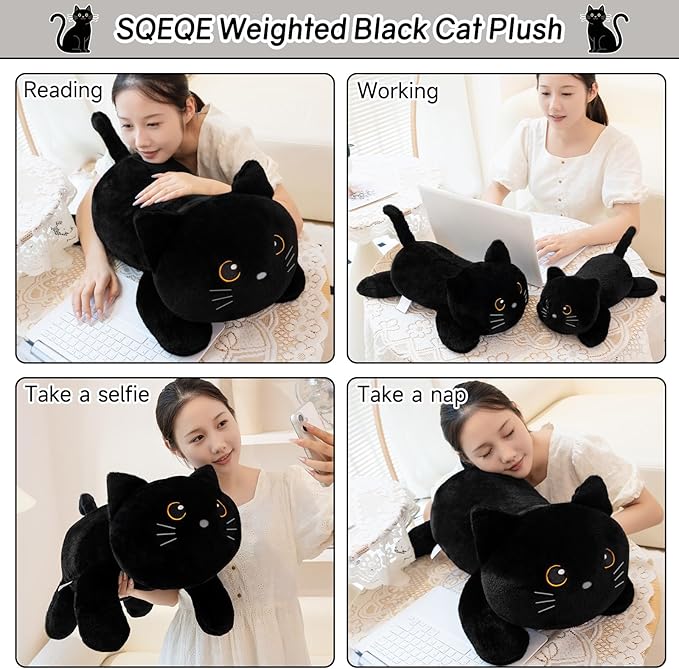 SQEQE Weighted Stuffed Animals Black Cat, Weighted Black Cat Plush, Plushies for Stress Relief, Soft Black Cat Pillow Toy for Kids Adults, Christmas & Valentines Gift 13.8 Inch, 1.7 Lbs