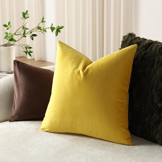 Throw Pillow Covers 20x20 Yellow: Pack of 2 Cozy Soft Velvet Square Modern Luxury Decorative Throw Pillow Cases for Sofa Couch Living Room Bed Home Decor