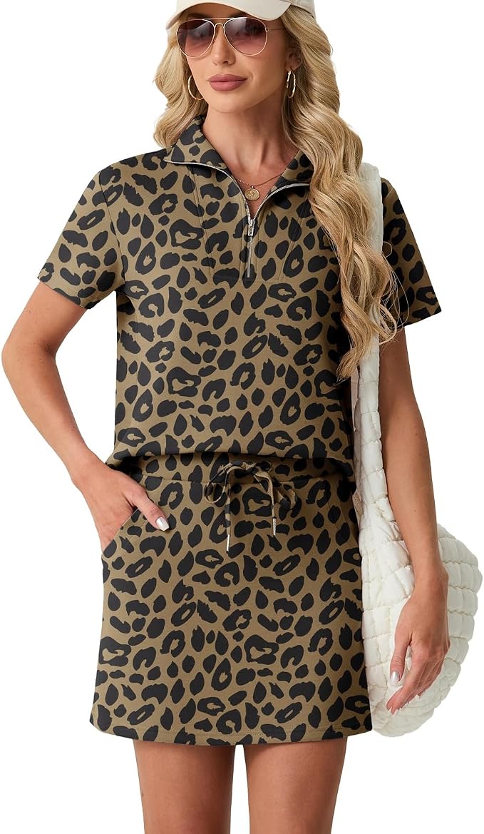 GRECERELLE Women's Summer 2 Piece Skort Set Half Zip Short Sleeve Top & Pocketed Tennis Skirt For Sports & Vacations.