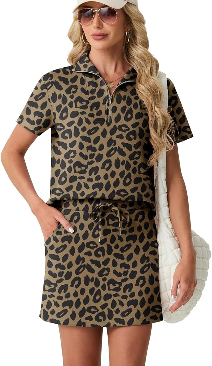 GRECERELLE Women's Summer 2 Piece Skort Set Half Zip Short Sleeve Top & Pocketed Tennis Skirt For Sports & Vacations.
