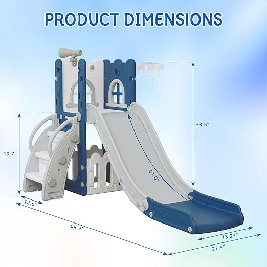 6 in 1 Toddler Slide for Toddler&Kids,Kids Climber Slider for Indoor Outdoor Playground with Storage,Telescope,Basketball Hoop and L Shaped Slide for Toddler Climber Playset,Blue