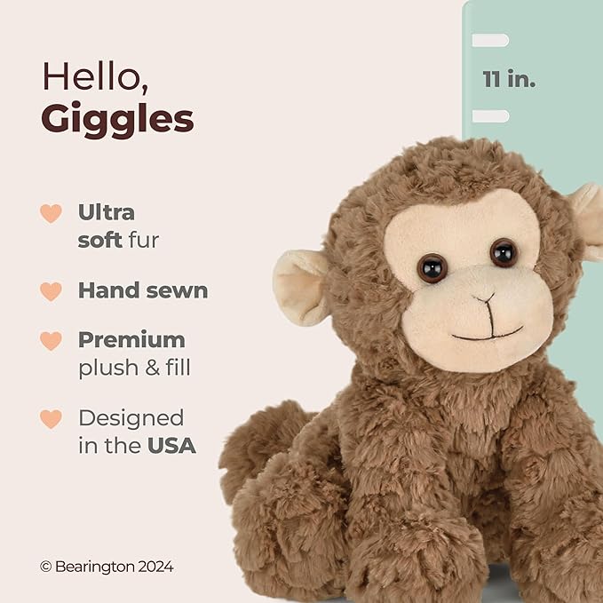 Bearington Collection Monkey Stuffed Animal Giggles Plush - 10.5 in Brown Soft Fur - Cuddly & Huggable Stuffed Monkey for Babies & Kids