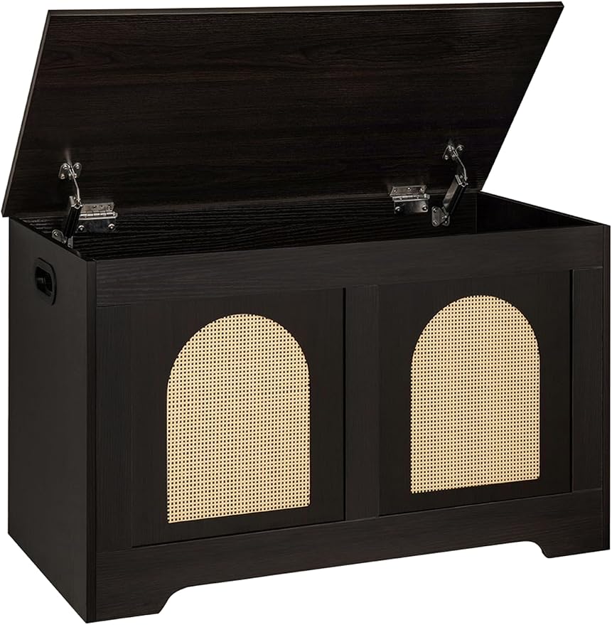 Storage Chest, Wooden Toy Box, Espresso Oak 31.5" L | Entryway Shoe Bench, 2 Safety Hinges, Finger-safe Flip-Top, Easy Assembly, Farmhouse Large Trunk, Rattan, Living Room/Bedroom