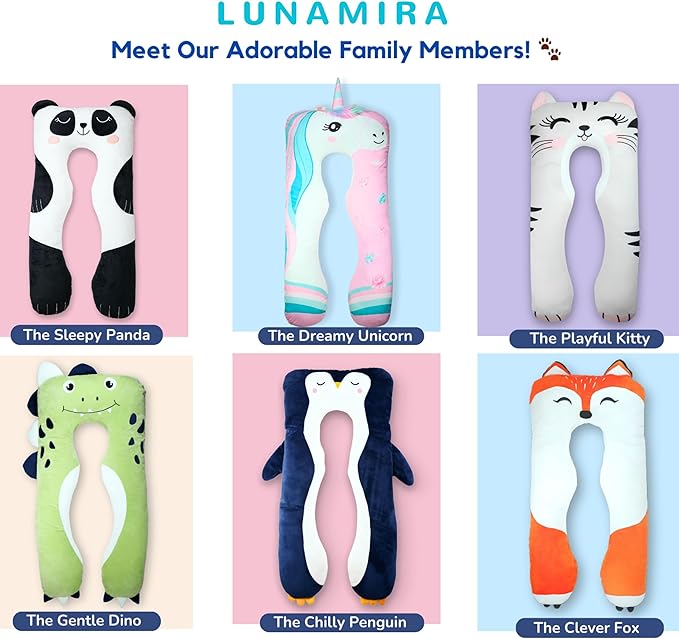 LUNAMIRA Panda Kids Body Pillow - 47" U-Shape Long Plush Soft Animal Pillow for Kids, Sleeping, Reading, ADHD & Special Needs Comfort, Anxiety, Washable Cover, Snuggle Fun Cuddle Gift for Boys & Girls