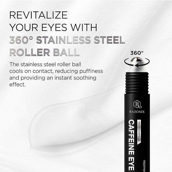 RAZONIX Eye Roller for Puffy Eyes, Caffeine Under Eye Serum for Dark Circles, De-Puffing Treatment for Men and Women, 0.5 Fl Oz (Medium, Unscented)